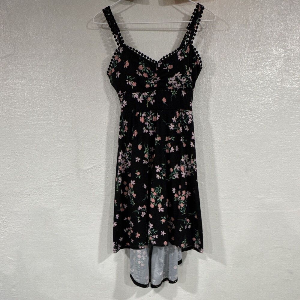 No Boundaries S Black Pink Floral Slip Dress Smocked Strappy V-Neck Hi-Low